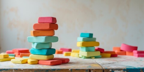 Colorful blocks of modeling clay stacked on a textured surface in a creative workspace