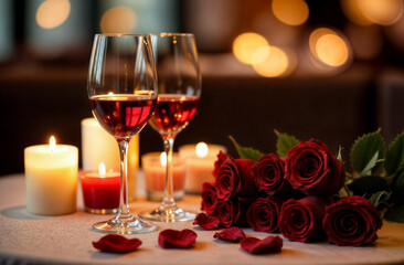 Romantic dinner setting with wine and roses creates an intimate atmosphere for a special occasion. Valentine's Day concept