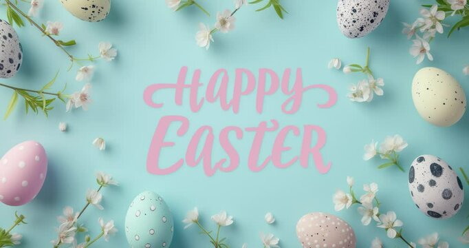  happy easter pastel blue pink eggs flowers background
