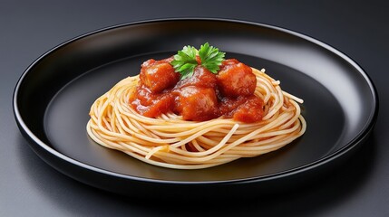 Spaghetti is beautifully stacked and garnished with fresh basil leaves and a rich meat sauce, offering a delectable presentation ideal for a refined meal at dinner time