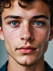 A close-up portrait of a young man with curly hair and blue eyes and looking directly at the viewer