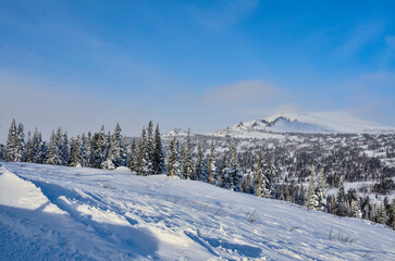 Winter landscape in mountains in frost sunny weather