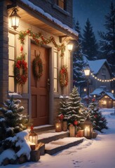 Fototapeta premium Snowy outdoor scene with Christmas Eve decorations, Snowflakes, Festive Lights