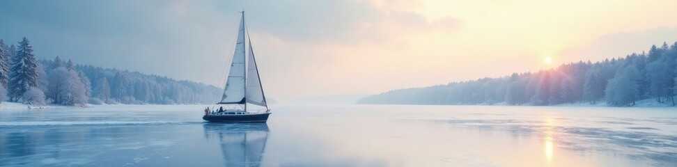 Obraz premium Sailboat gliding across a blanket of snow on the frozen lake, sailboat, peaceful scene