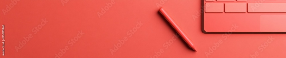 Poster Minimalist Coral Design Workspace Stylus and Laptop on Matte Surface - Innovative Digital Content Creation for Modern Marketing Aesthetics and Professional Design Studios