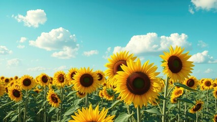 Fototapeta premium Soft and puffy clouds dot the clear blue sky as they drift over a sprawling field of tall sunflowers, flowers, sky