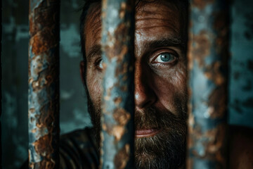 Prisoner face behind metal bars Generative Ai