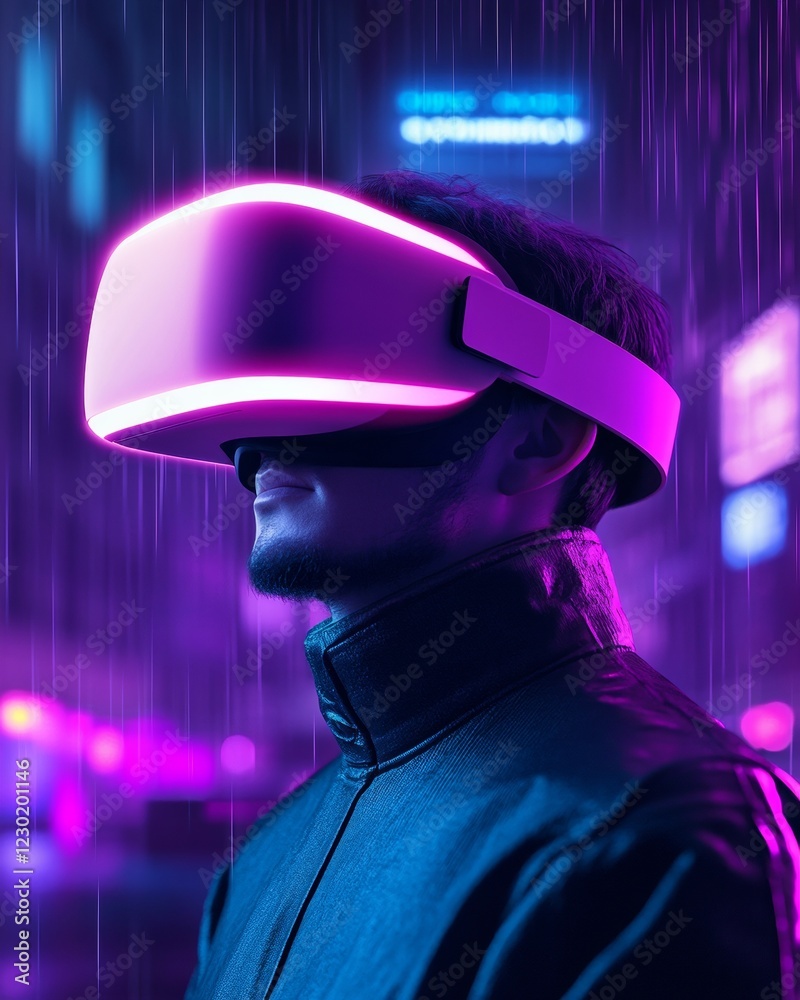Aufkleber cyberpunk future vision neon vr headset in rainy urban setting - immersive tech showcase and next-ge