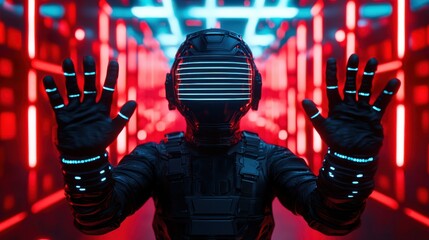 A futuristic figure with a striped helmet stands against a neon-lit corridor, hands raised, embodying a sci-fi aesthetic.