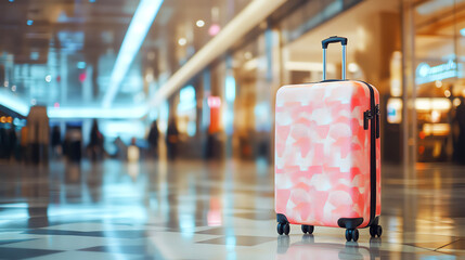 A chic, designer suitcase with a unique pattern standing next to a luxury brand store in an airport front view showing exclusivity robotic tone vivid color scheme