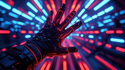 A futuristic robotic hand reaching out amidst vibrant blue and red light streaks, creating a dynamic and captivating visual experience.