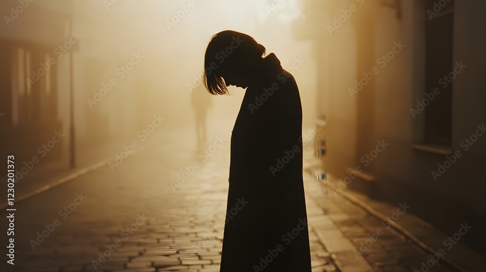 Aufkleber Mysterious silhouette of a person in a foggy urban setting, creating an atmospheric mood of solitude and introspection during a quiet morning stroll.