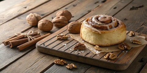 Fototapeta premium Softly glowing cinnamon roll with goSoftly glowing cinnamon roll with goWooden planks arranged to contain walnuts and their shells, wooden floor, container, arrangement