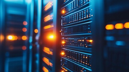 Brightly illuminated server room showcasing advanced technology and organized data storage in a modern facility during nighttime operations. Generative AI