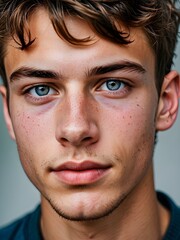 Obraz premium A close-up portrait of a young man with curly hair and blue eyes and looking directly at the viewer