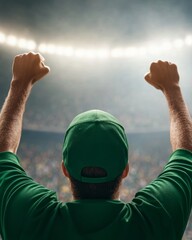 Dynamic Sports Celebration Vibrant Enthusiast in Green Jersey in Stadium with Radiant Lights - Energy Content and Fan Engagement for Digital Marketing