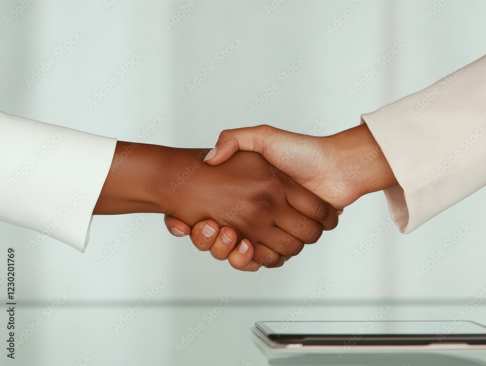 Aufkleber Collaborative Business Dynamics Two Women in Contemporary Diversity Shaking Hands Over Glass with Tablet - Empowering Digital Interactions and Professional Equity