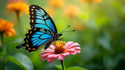 Fototapeta premium A Beautiful Blue Tiger Butterfly Showcasing Its Colors in a Lush Garden Setting