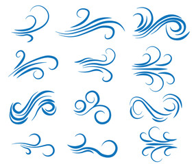 Wind air flow, flowing row elements, doodle wind line set, hand drawn doodle wind motion vector illustration