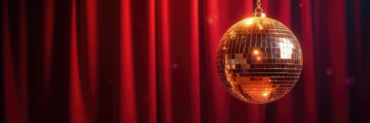 Obraz premium Sparkling disco ball with a gold chain hanging from a velvet curtain, opulent, chain, golden