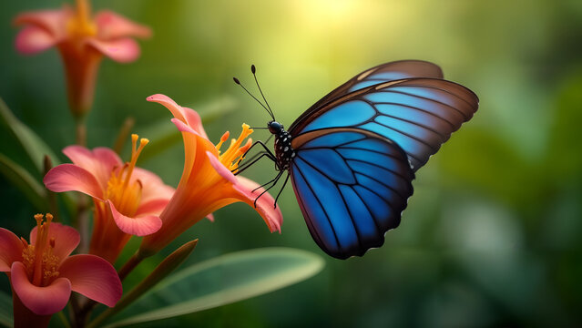 A Majestic Flight: The Blue Morpho Butterfly Escaping into a Tropical Floral Haven