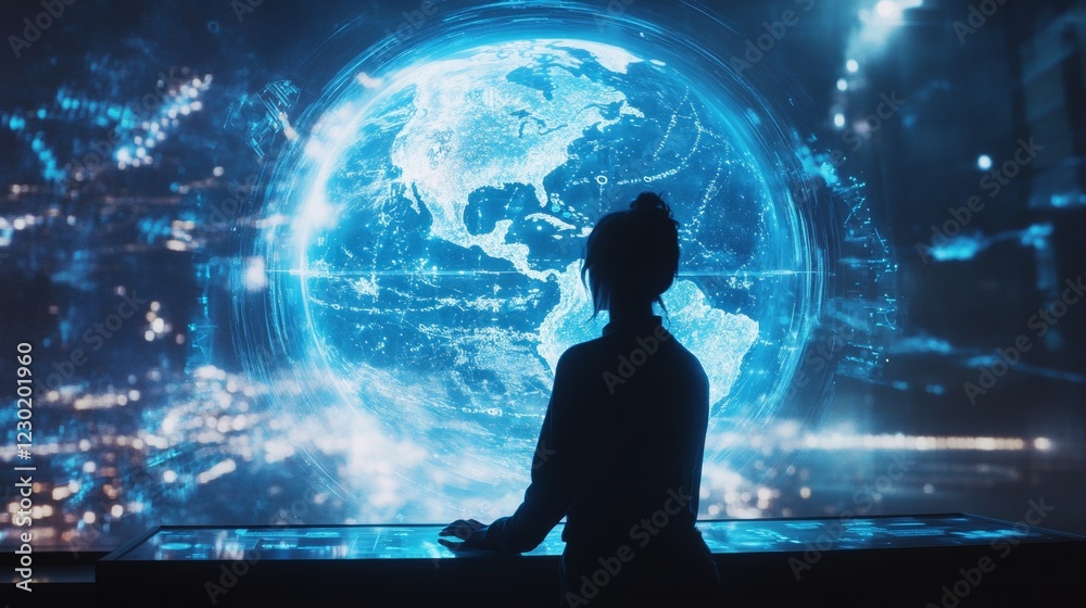 Poster Futuristic Holographic Glass Console Interactive Minimalist Tech Display in Smart Office Environments - Enhancing Productivity with Advanced Digital Interactions