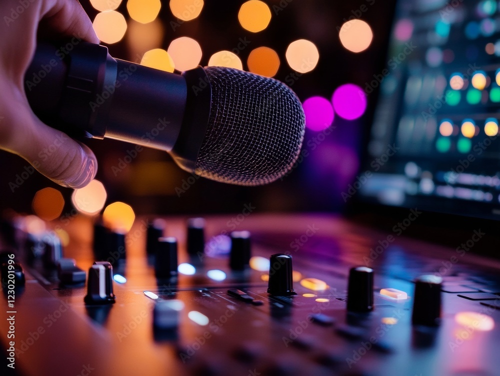 Aufkleber warm ambient podcast studio hand on mixing console with modern mic and laptop - digital content crea