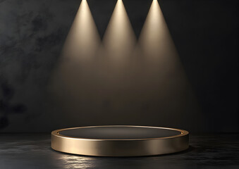 Spotlight shines down on an empty stage platform prepared for a performance or presentation in a darkened space