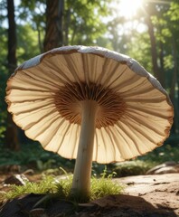 Large parasol mushroom cap with sunlight filtering through, woodlands, parasol mushroom, forest floor