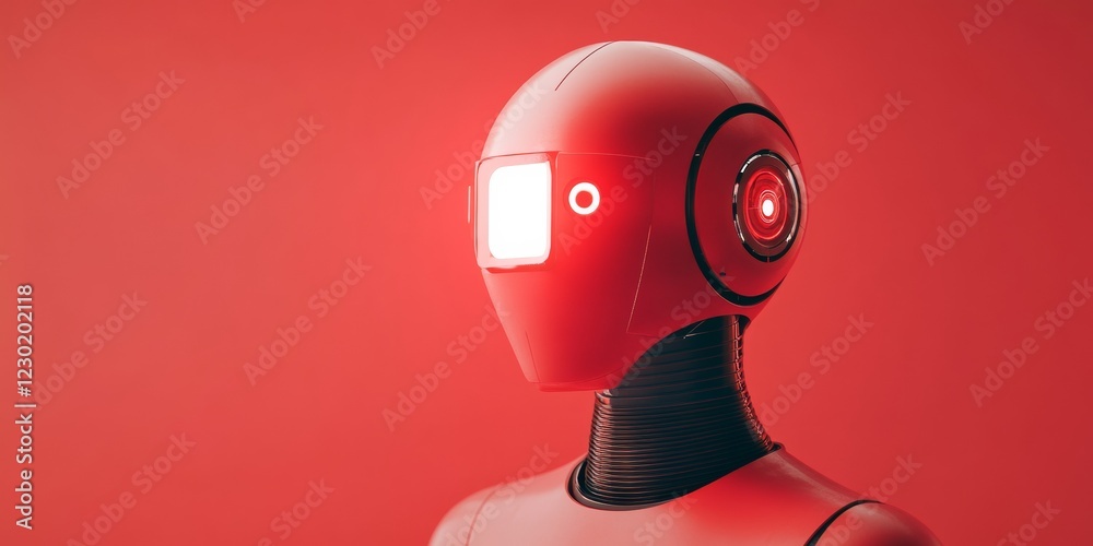 Poster futuristic red robot in industrial setting cutting-edge tech and sleek metal textures for modern man