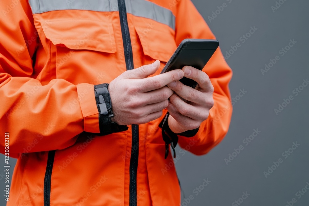 Fototapete Tech-Driven Emergency Response High-Visibility Jacket and Smartphone in Action - Streamlined Security Comms for Law Enforcement Efficiency