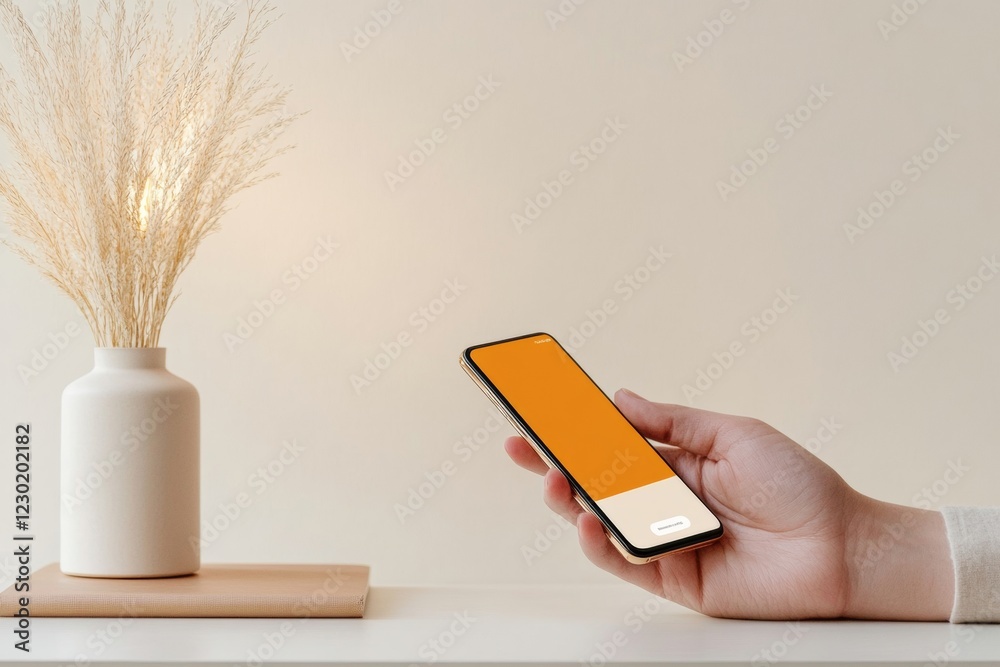 Aufkleber Minimalist Digital Learning Hand with Smartphone on Wooden Desk - E-Learning Enhancement and Fast-Paced Tech Solutions for Modern Educational Marketing