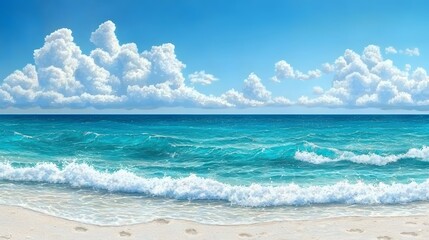 Mesmerizing view of turquoise ocean waves crashing gently on a pristine sandy beach under a bright blue sky dotted with fluffy white clouds