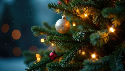 Fototapeta premium Sparkling fairy lights adorn the branches of a majestic Christmas tree, organic shapes, sparkling ornaments