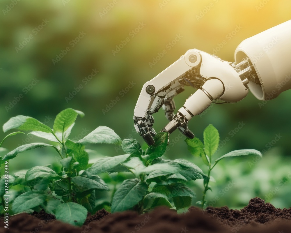 Poster futuristic agricultural tech robotic arm tending plants in lush greenhouse - smart automation for en
