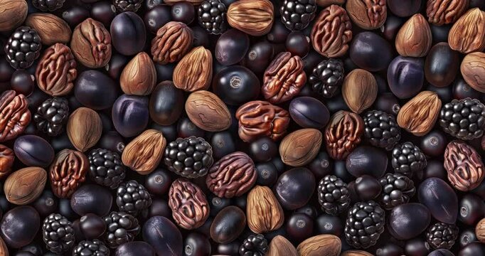 close-up nuts berries pecans blackberries walnuts dark brown deep purple earthy tones composition
