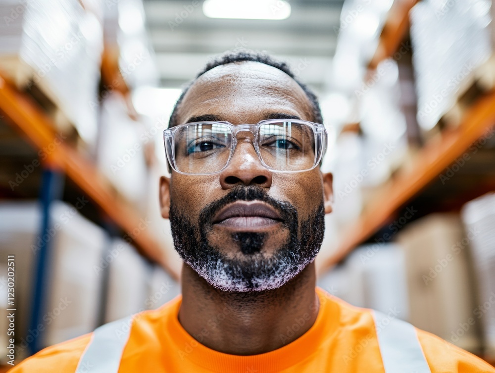 Aufkleber streamlined supply chain visualization black male warehouse manager with glasses utilizing digital t