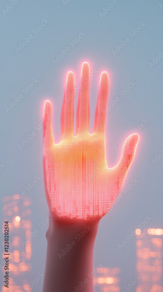 Poster neon cyberpunk display holographic hand interface in futuristic cityscape - high-tech augmented real