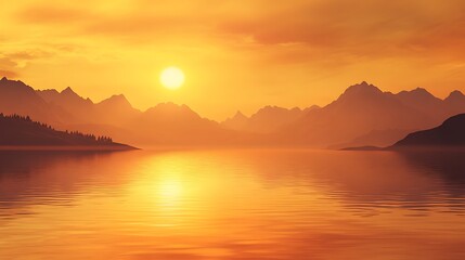 Fototapeta premium Sunset over mountains & lake with trees. Background glow