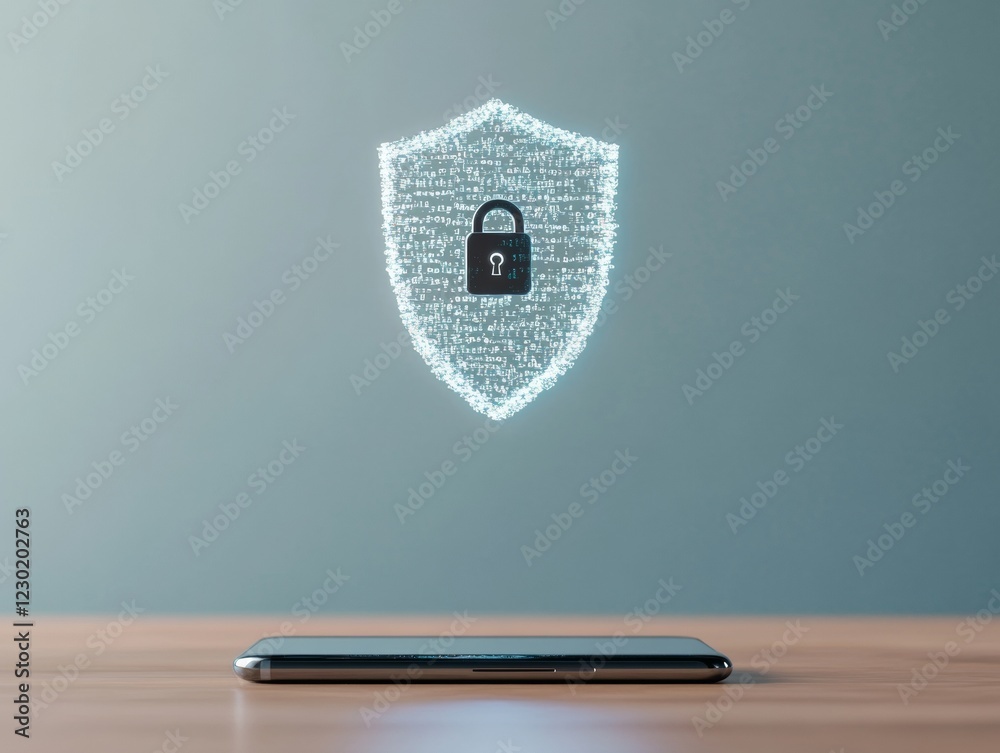 Poster Minimalist Cybersecurity Aesthetic Digital Shield with Encrypted Lock Icon and Mobile on Wooden Desk - Enhancing Tech Innovation for Online Business Security