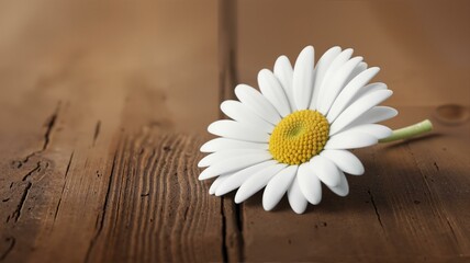 Obraz premium a white flower with yellow middle on wooden surface.