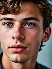 A close-up portrait of a young man with curly hair and blue eyes and looking directly at the viewer