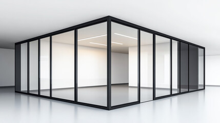 A frameless corner window wrapping two walls in a sleek modern space set on a white background front view highlighting openness scifi tone splitcomplementary color scheme