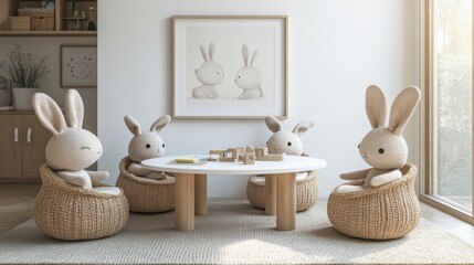 Cozy Playroom with Soft Bunny Toys and Minimalist Decor
