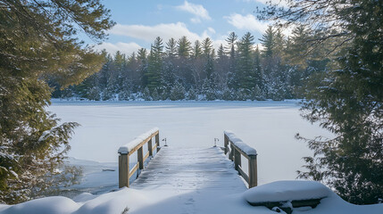 A tranquil view of a snow-covered wooden dock extending into a frozen lake surrounded by pine trees