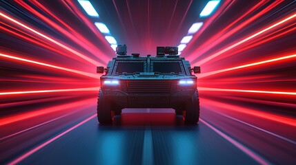 Rapid response vehicle showcase futuristic tunnel digital art neon environment dynamic viewpoint conceptual design