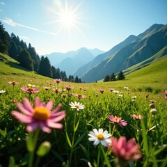 Obraz premium Sunlight filters through wildflowers in an alpine meadow, hills, wildflowers, grasses