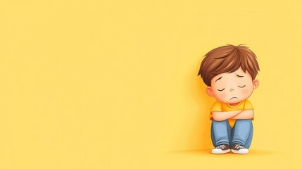 A young boy with a worried expression sits against a bright yellow background, hugging his knees in a moment of contemplation or sadness.
