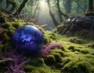 Luminous purple blue sphere nestled within a bed of soft moss, natural treasure, mossy terrain