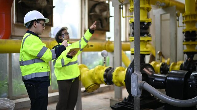 Maintenance technician at a heating plant,Petrochemical workers supervise the operation of gas and oil pipelines in the factory,Engineers put hearing protector At room with many pipes